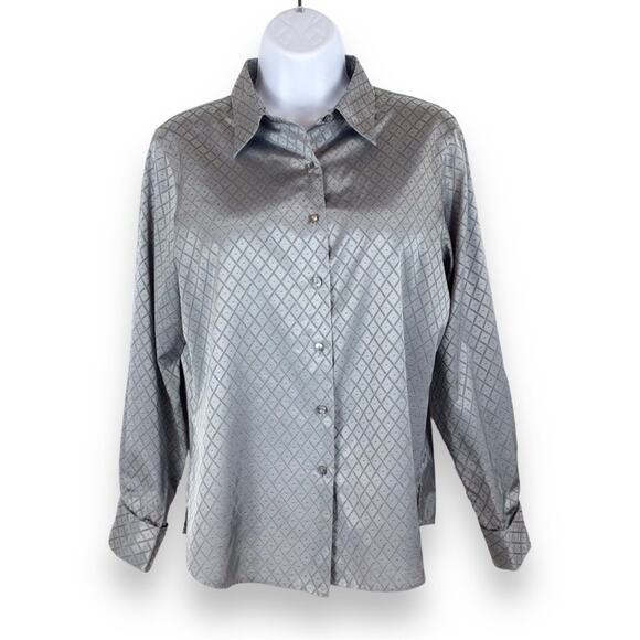 Foxcroft Tops - FOXCROFT Metallic Silver Button Up Collared Long Sleeve No-Iron Blouse size 8P